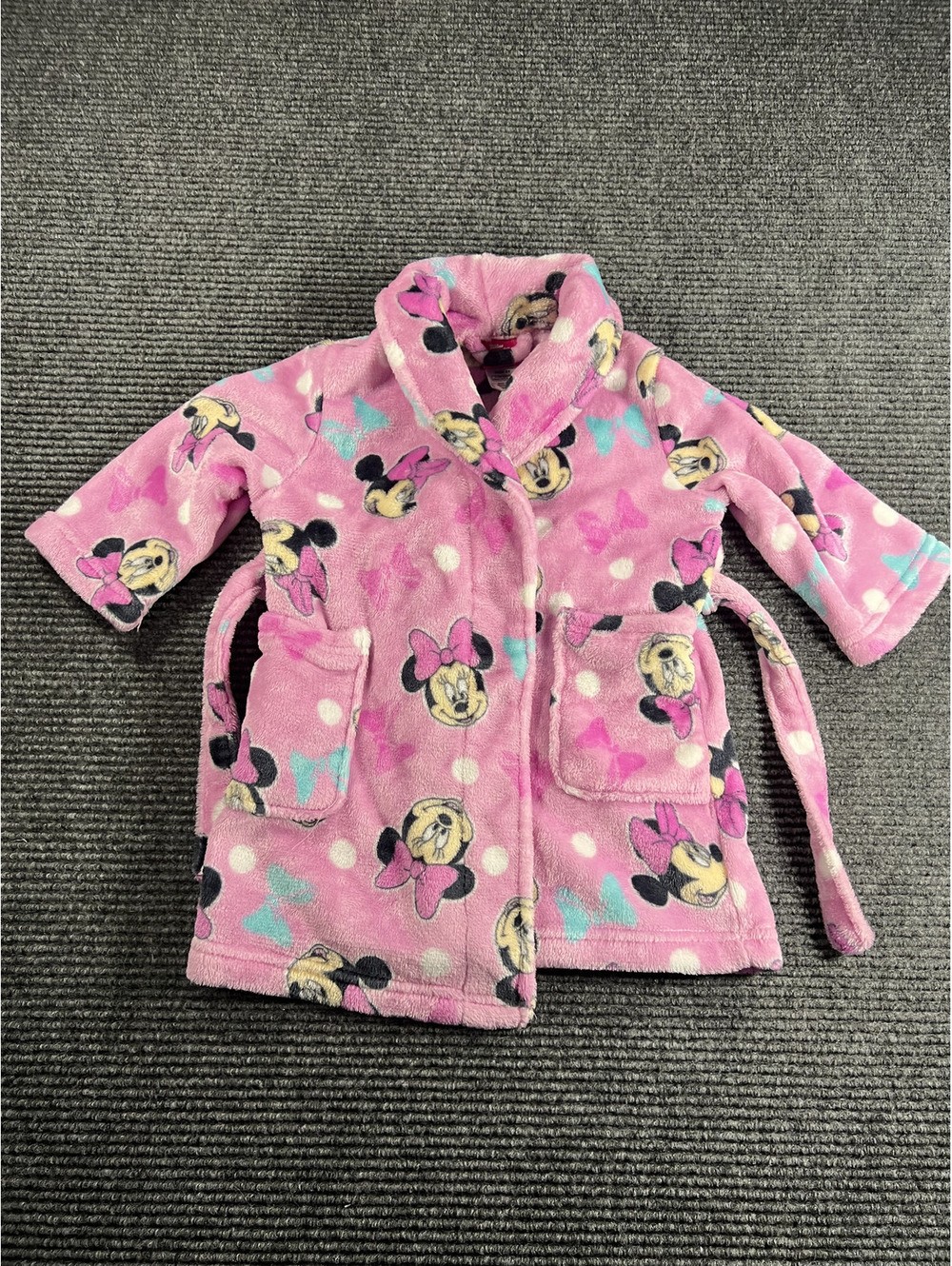 Disney Junior Minnie Mouse Pink Fleece Bathrobe Size 2T with Hood and Belt
